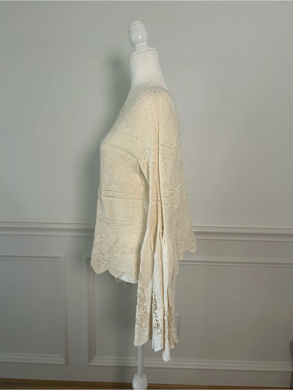 Free People Cream Crochet Lace Bell-Sleeve Top